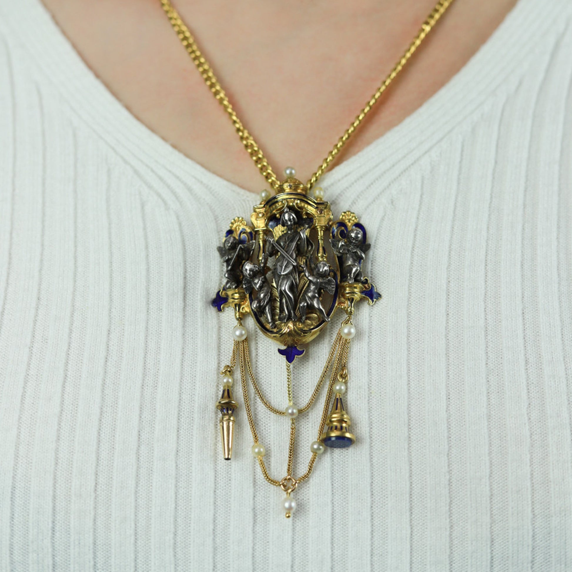 Froment-Meurice French Victorian Silver & 18KT Yellow Gold Natural Pearl & Enamel Pendant on neck