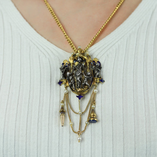 Froment-Meurice French Victorian Silver & 18KT Yellow Gold Natural Pearl & Enamel Pendant on neck