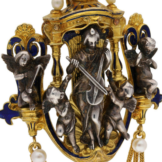 Froment-Meurice French Victorian Silver & 18KT Yellow Gold Natural Pearl & Enamel Pendant front