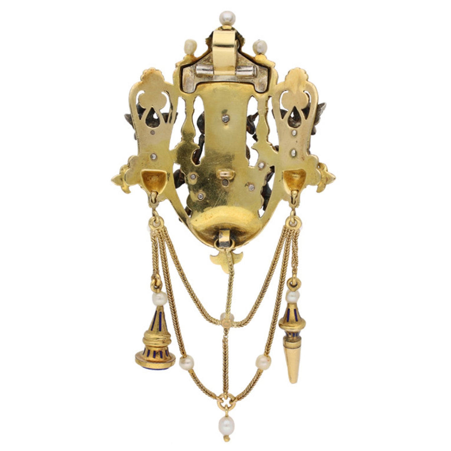 Froment-Meurice French Victorian Silver & 18KT Yellow Gold Natural Pearl & Enamel Pendant back