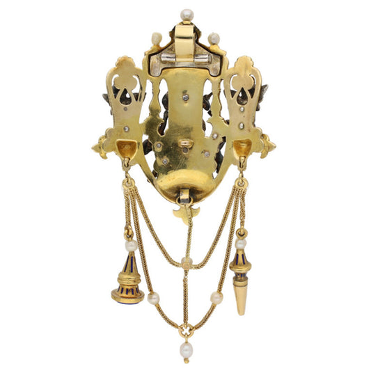 Froment-Meurice French Victorian Silver & 18KT Yellow Gold Natural Pearl & Enamel Pendant back
