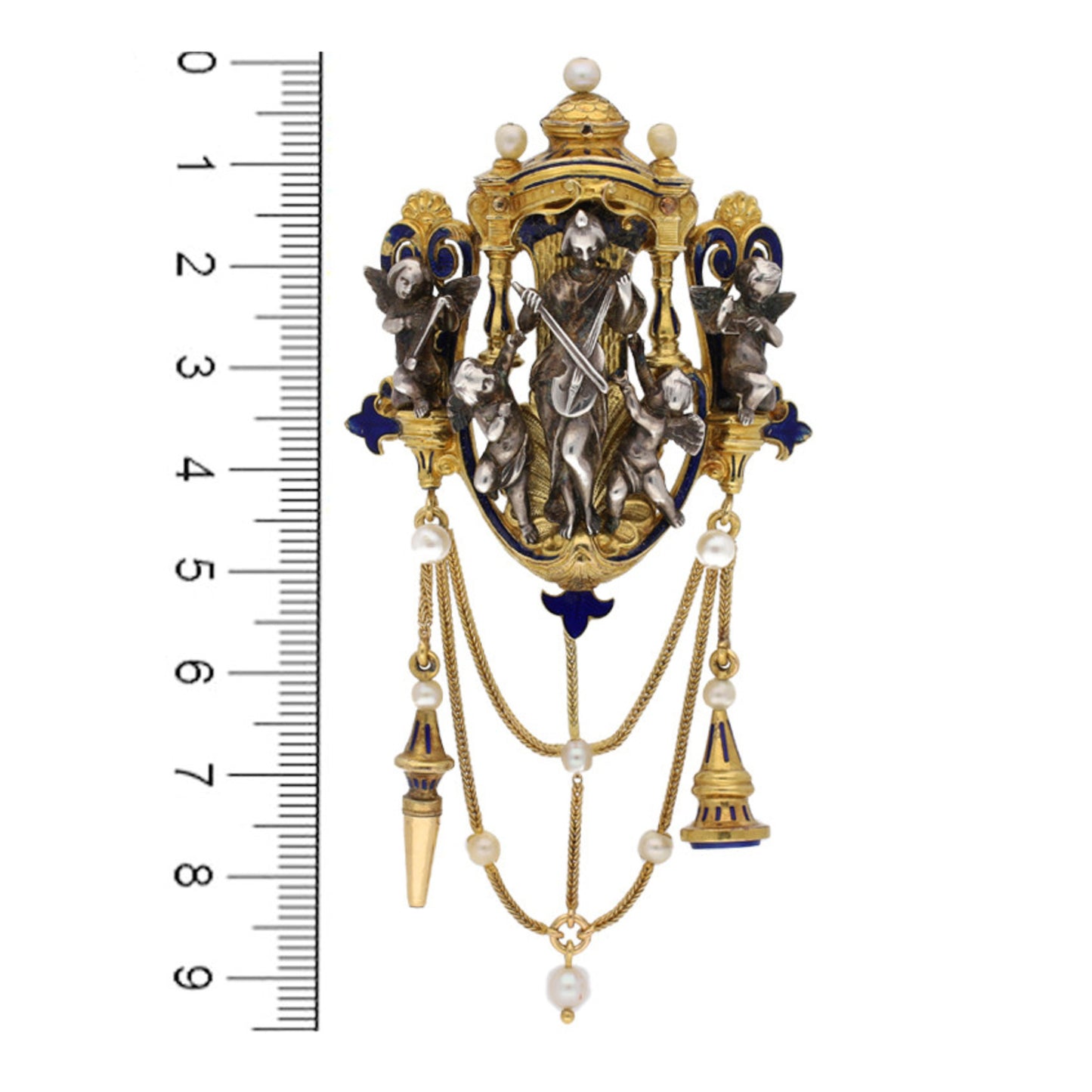 Froment-Meurice French Victorian Silver & 18KT Yellow Gold Natural Pearl & Enamel Pendant measurement