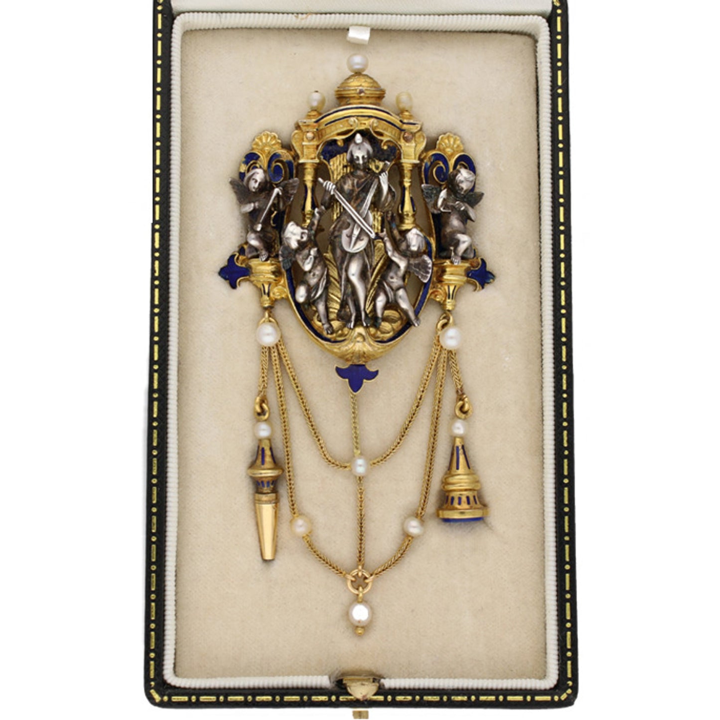 Froment-Meurice French Victorian Silver & 18KT Yellow Gold Natural Pearl & Enamel Pendant in box