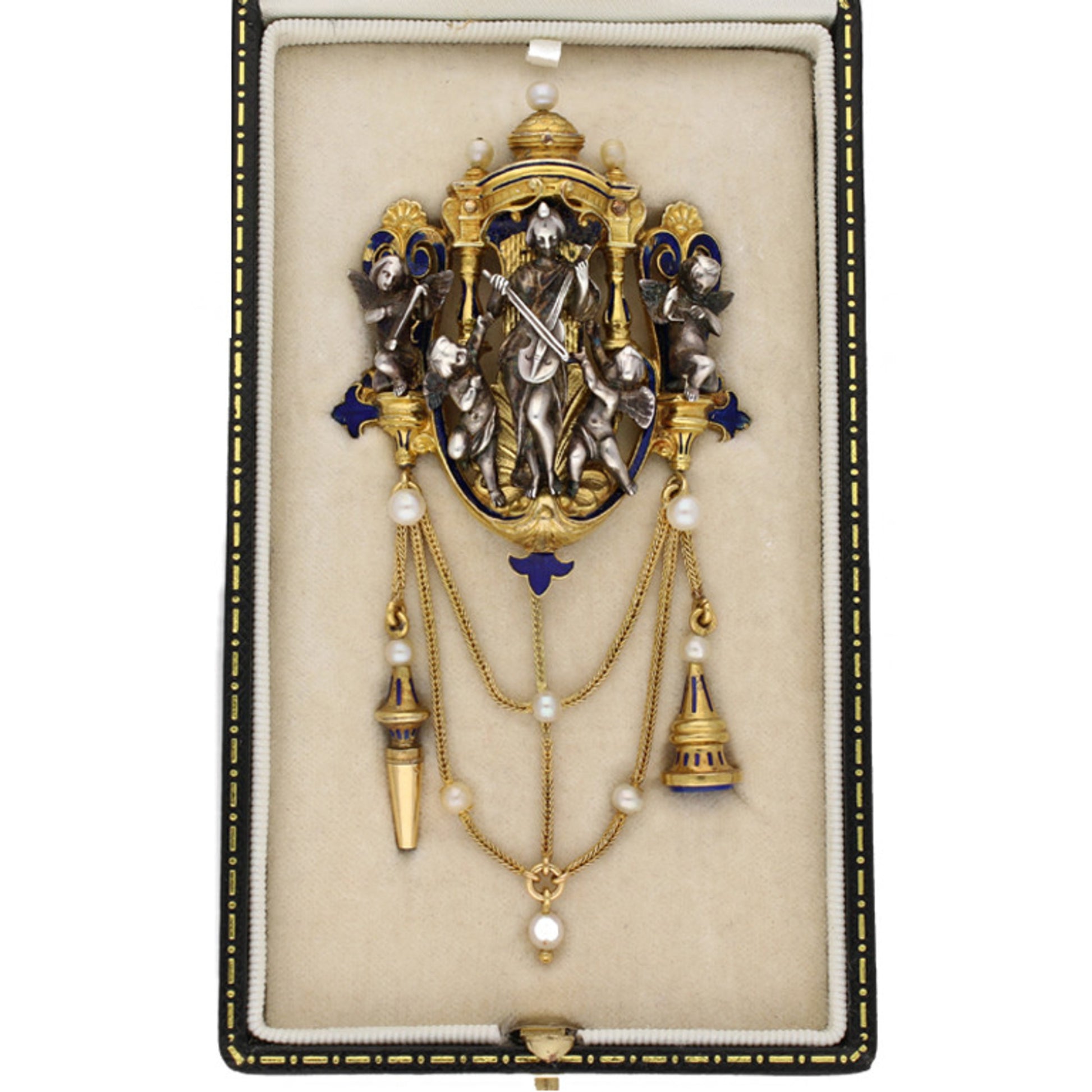 Froment-Meurice French Victorian Silver & 18KT Yellow Gold Natural Pearl & Enamel Pendant in box