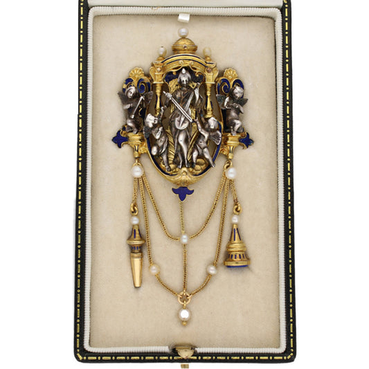 Froment-Meurice French Victorian Silver & 18KT Yellow Gold Natural Pearl & Enamel Pendant in box