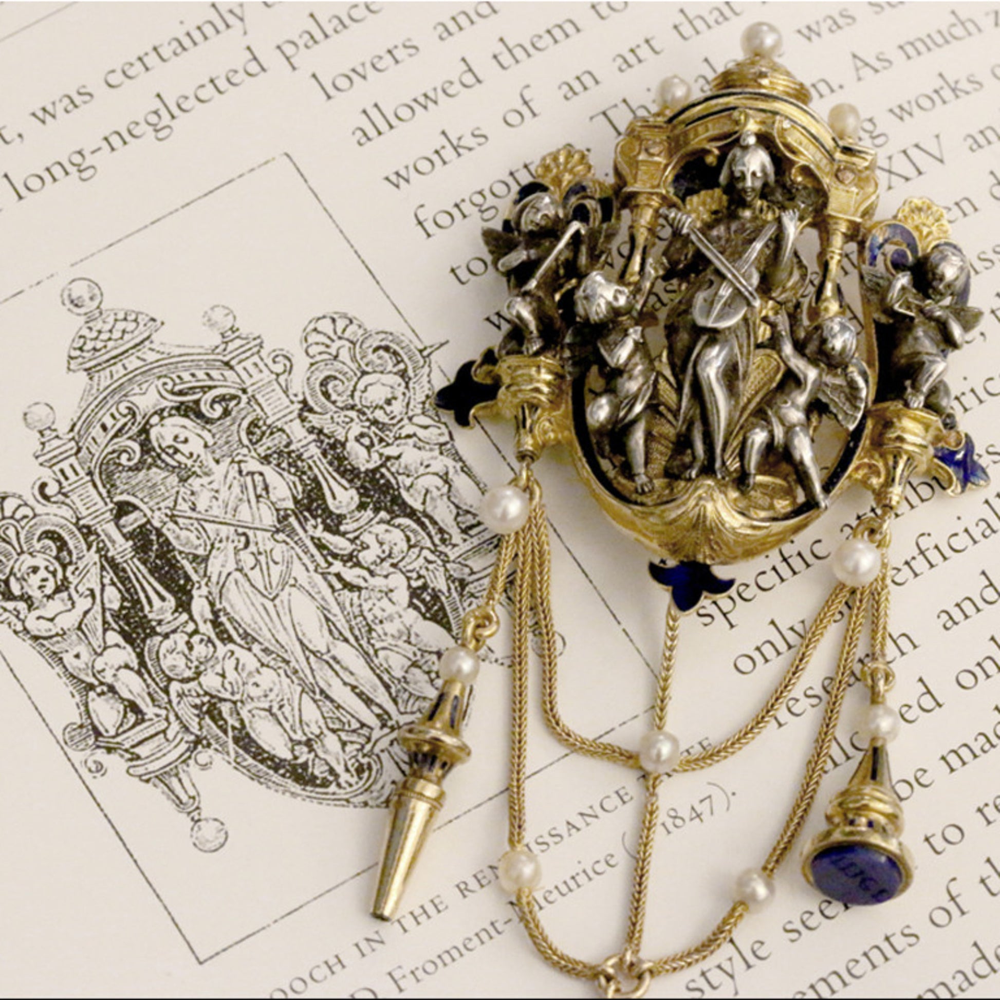 Froment-Meurice French Victorian Silver & 18KT Yellow Gold Natural Pearl & Enamel Pendant drawing
