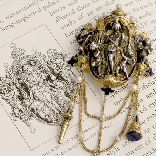 Froment-Meurice French Victorian Silver & 18KT Yellow Gold Natural Pearl & Enamel Pendant drawing