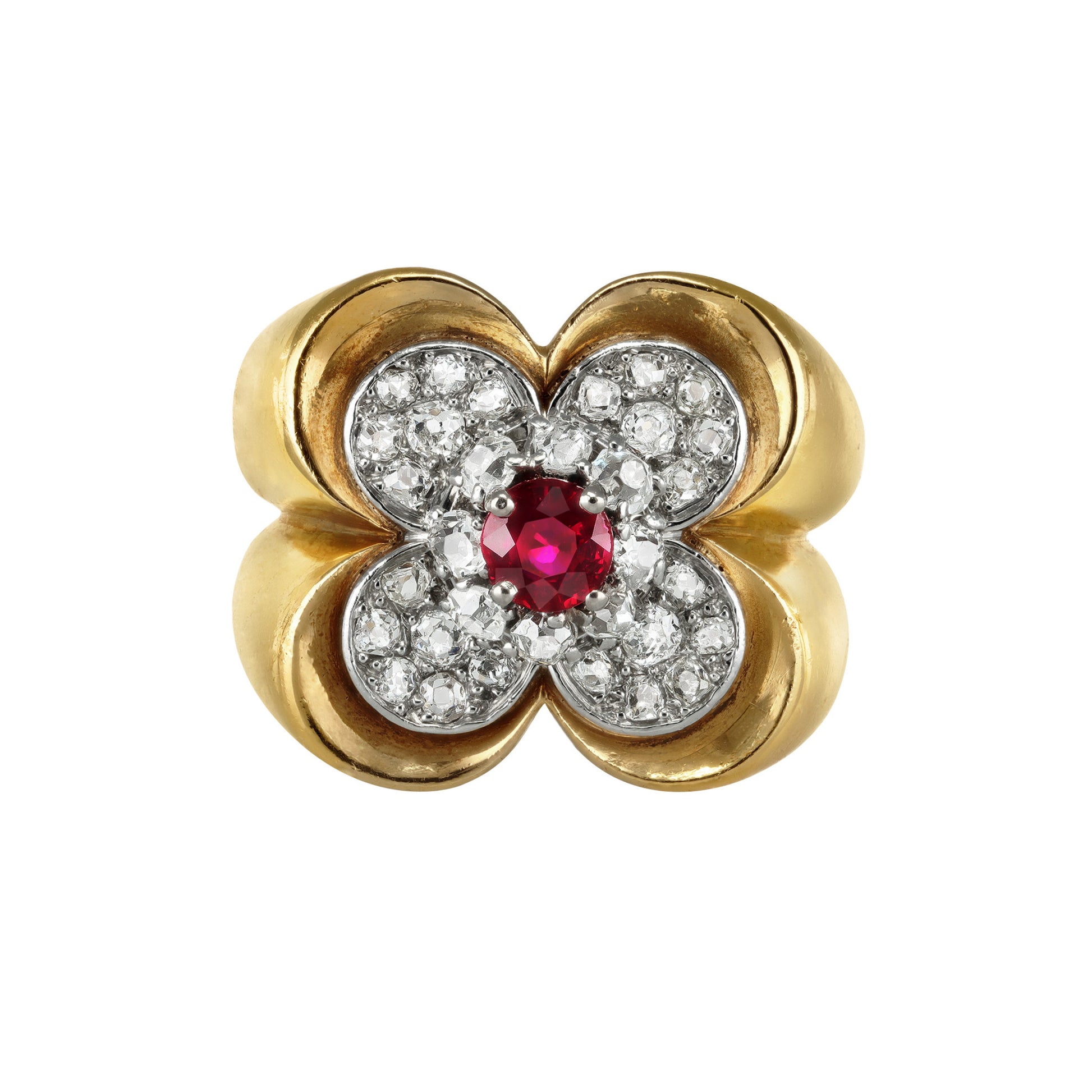 Van Cleef & Arpels French 1940s Platinum & 18KT Yellow Gold Ruby & Diamond Ring front
