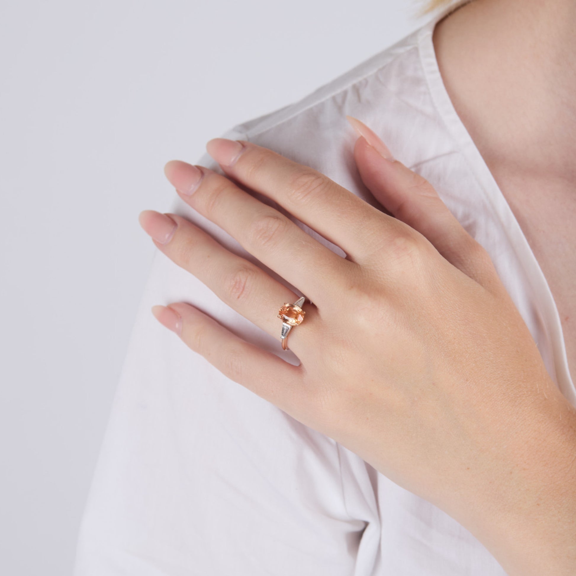 1980s 18KT Rose Gold Sapphire & Diamond Ring on finger