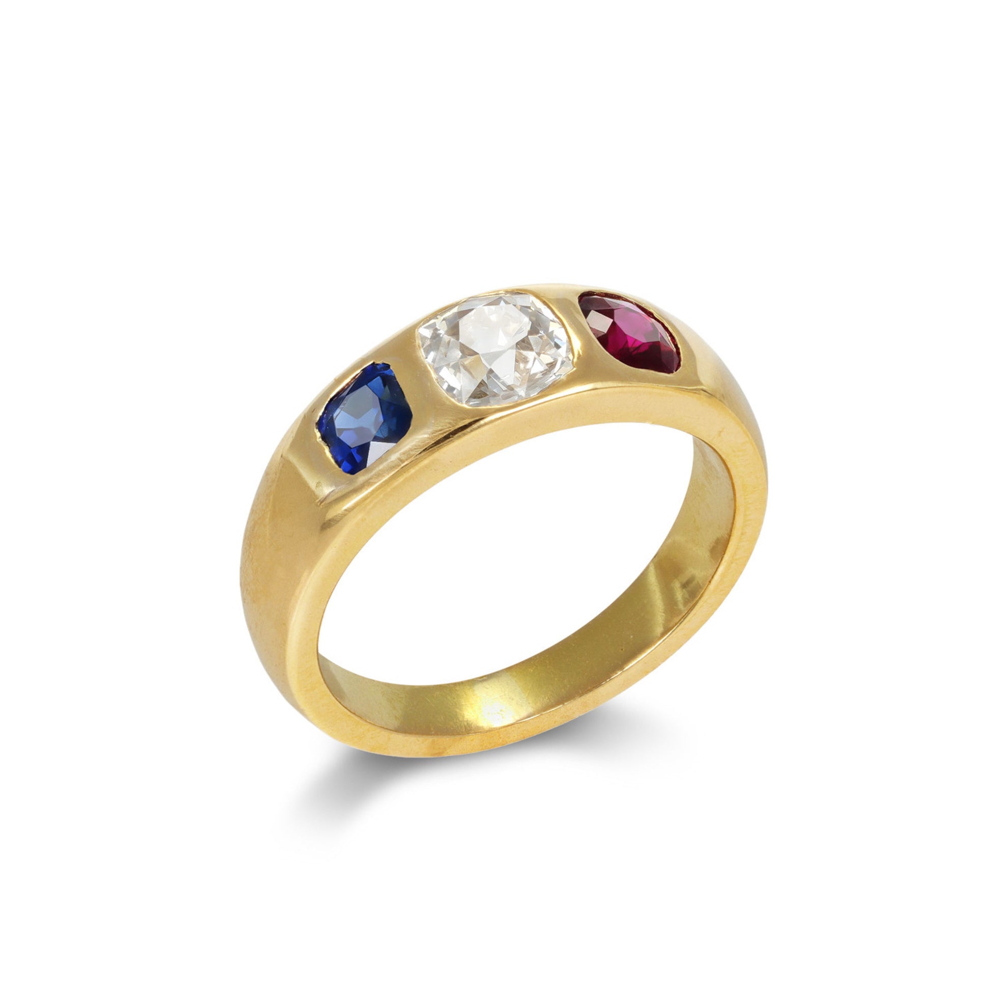 Victorian 18KT Yellow Gold Diamond, Ruby & Sapphire Ring side