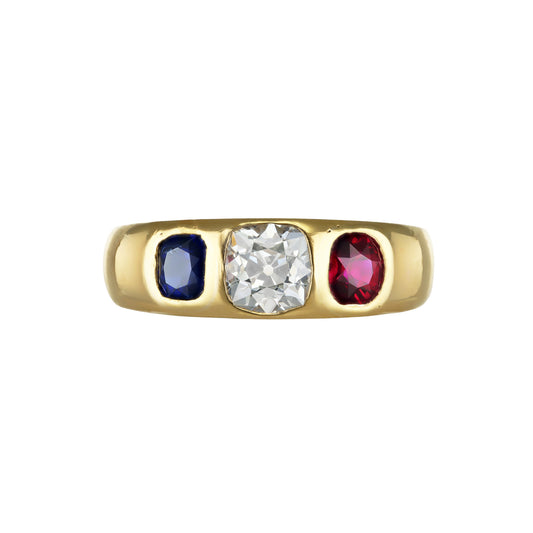 Victorian 18KT Yellow Gold Diamond, Ruby & Sapphire Ring front