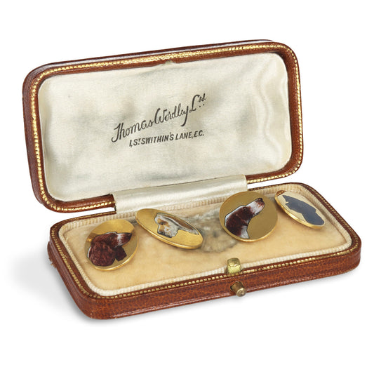 Victorian 18KT Yellow Gold Enamel Dog Cufflinks in box