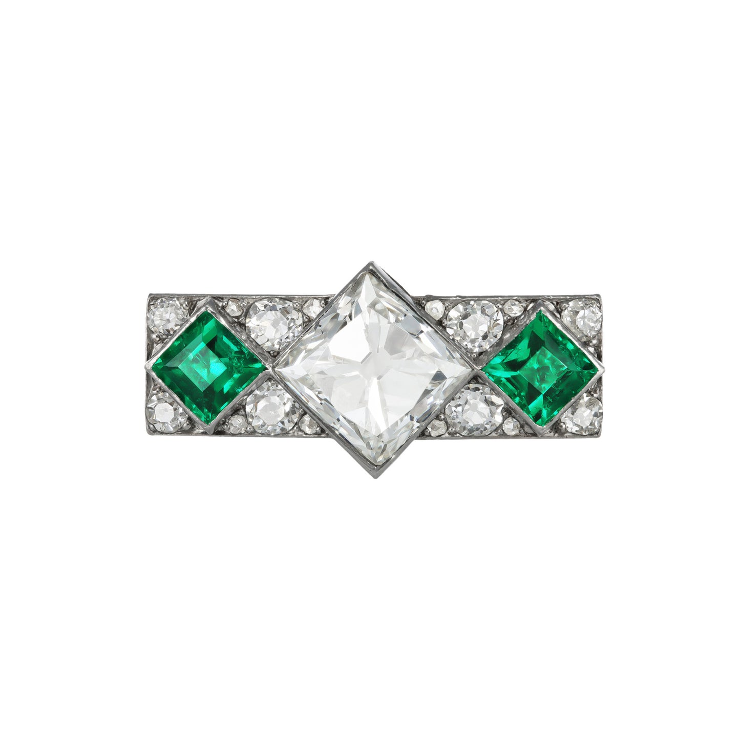 French Art Deco Platinum Diamond & Emerald Ring front