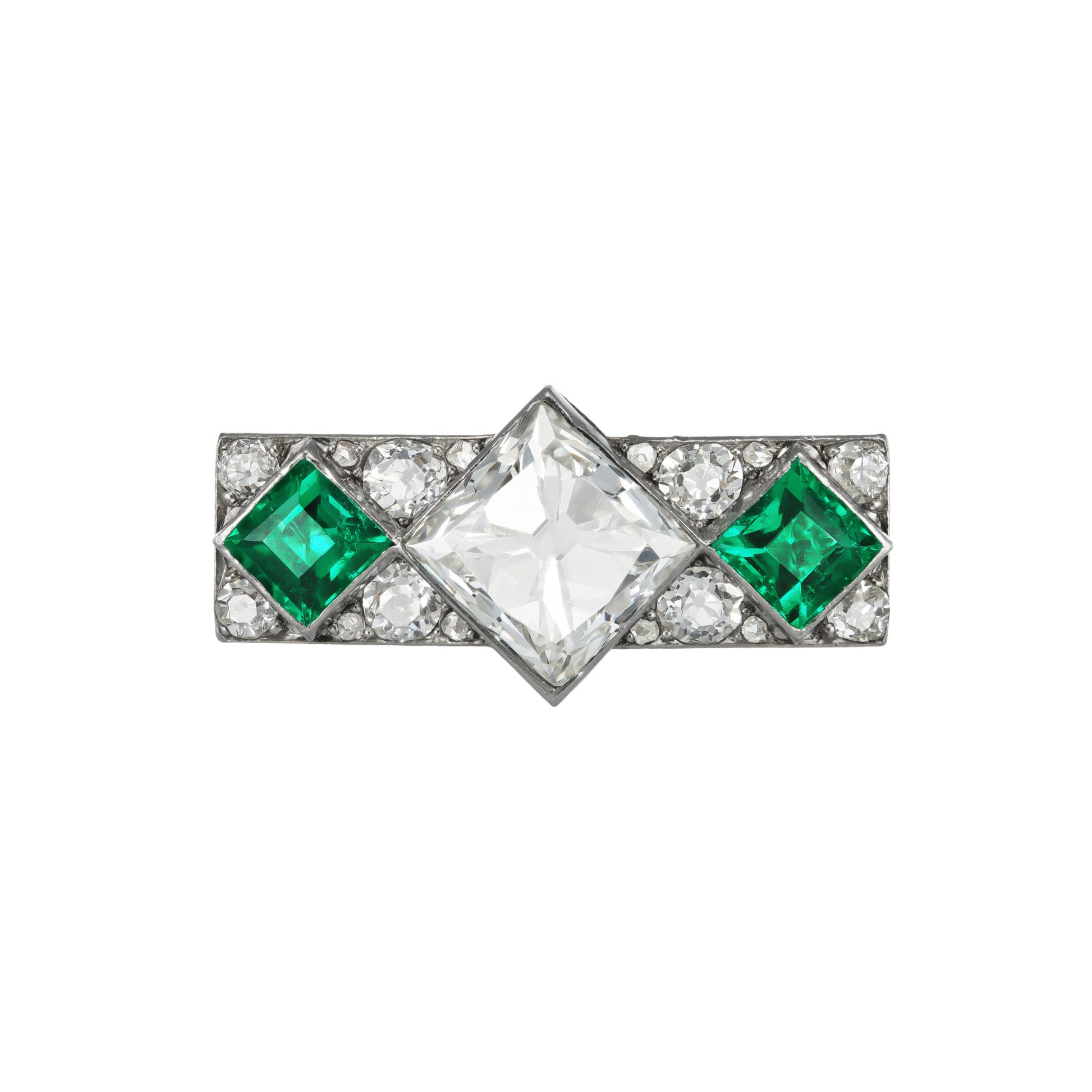 French Art Deco Platinum Diamond & Emerald Ring front