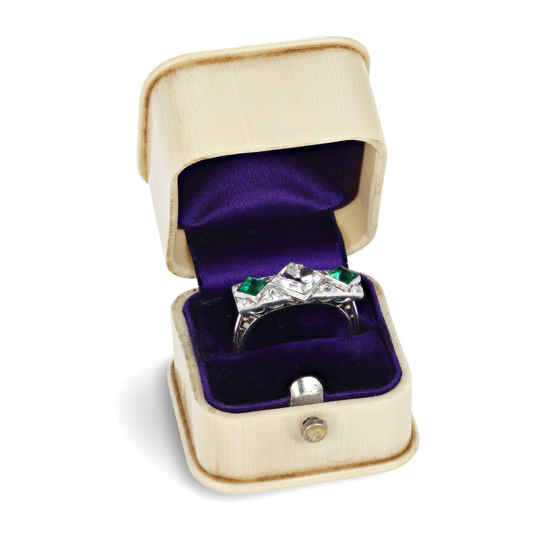 French Art Deco Platinum Diamond & Emerald Ring in box