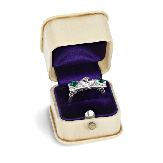 French Art Deco Platinum Diamond & Emerald Ring in box