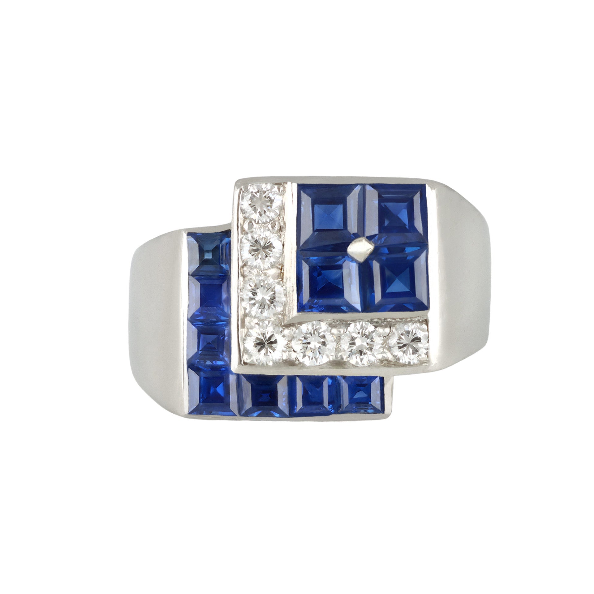 Tiffany & Co. American Art Deco Platinum Sapphire & Diamond Ring front