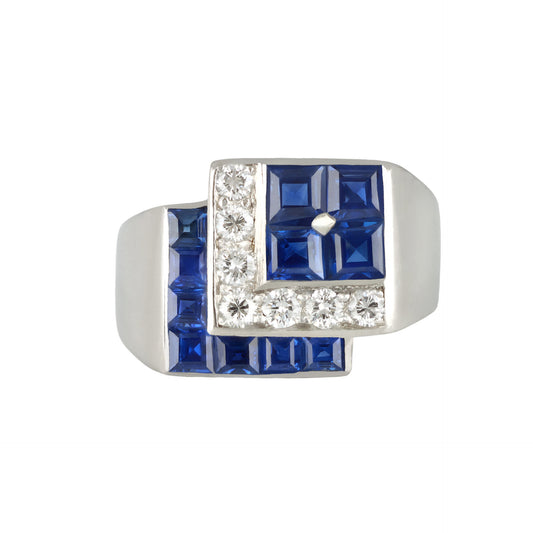 Tiffany & Co. American Art Deco Platinum Sapphire & Diamond Ring front