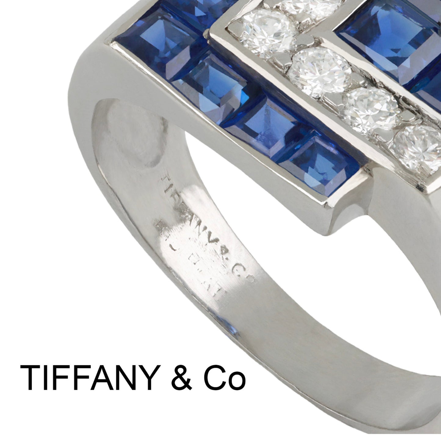 Tiffany & Co. American Art Deco Platinum Sapphire & Diamond Ring signature