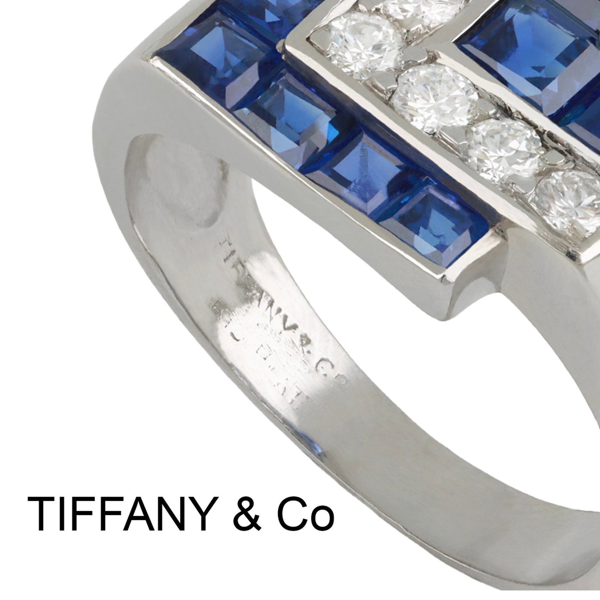Tiffany & Co. American Art Deco Platinum Sapphire & Diamond Ring signature