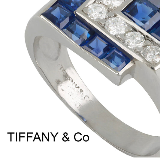 Tiffany & Co. American Art Deco Platinum Sapphire & Diamond Ring signature