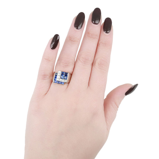 Tiffany & Co. American Art Deco Platinum Sapphire & Diamond Ring on finger