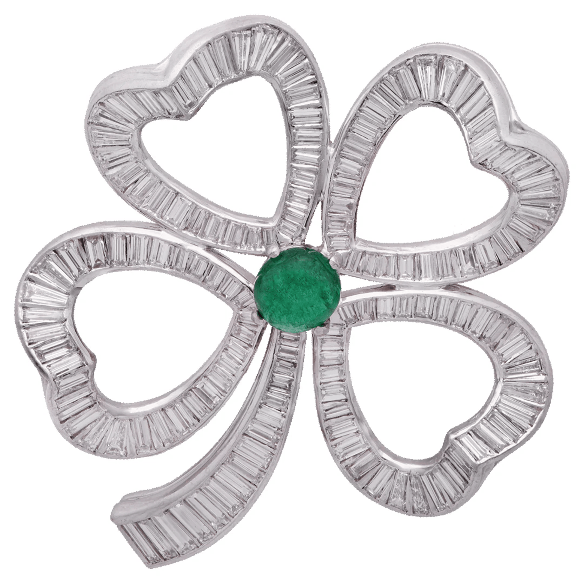 Post-1980s Platinum Emerald & Diamond Brooch front