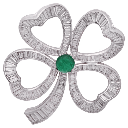 Post-1980s Platinum Emerald & Diamond Brooch front