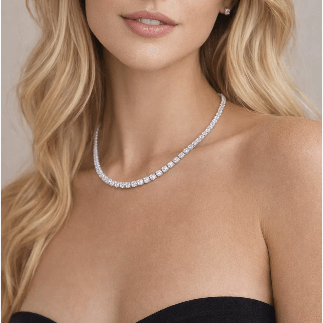 Contemporary Platinum Diamond Necklace on neck