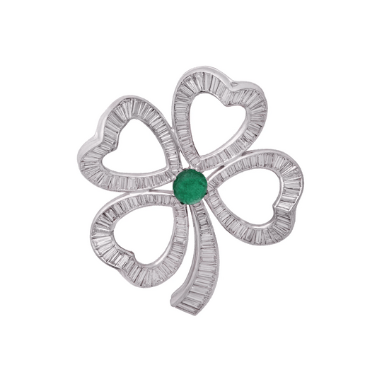 Post-1980s Platinum Emerald & Diamond Brooch front
