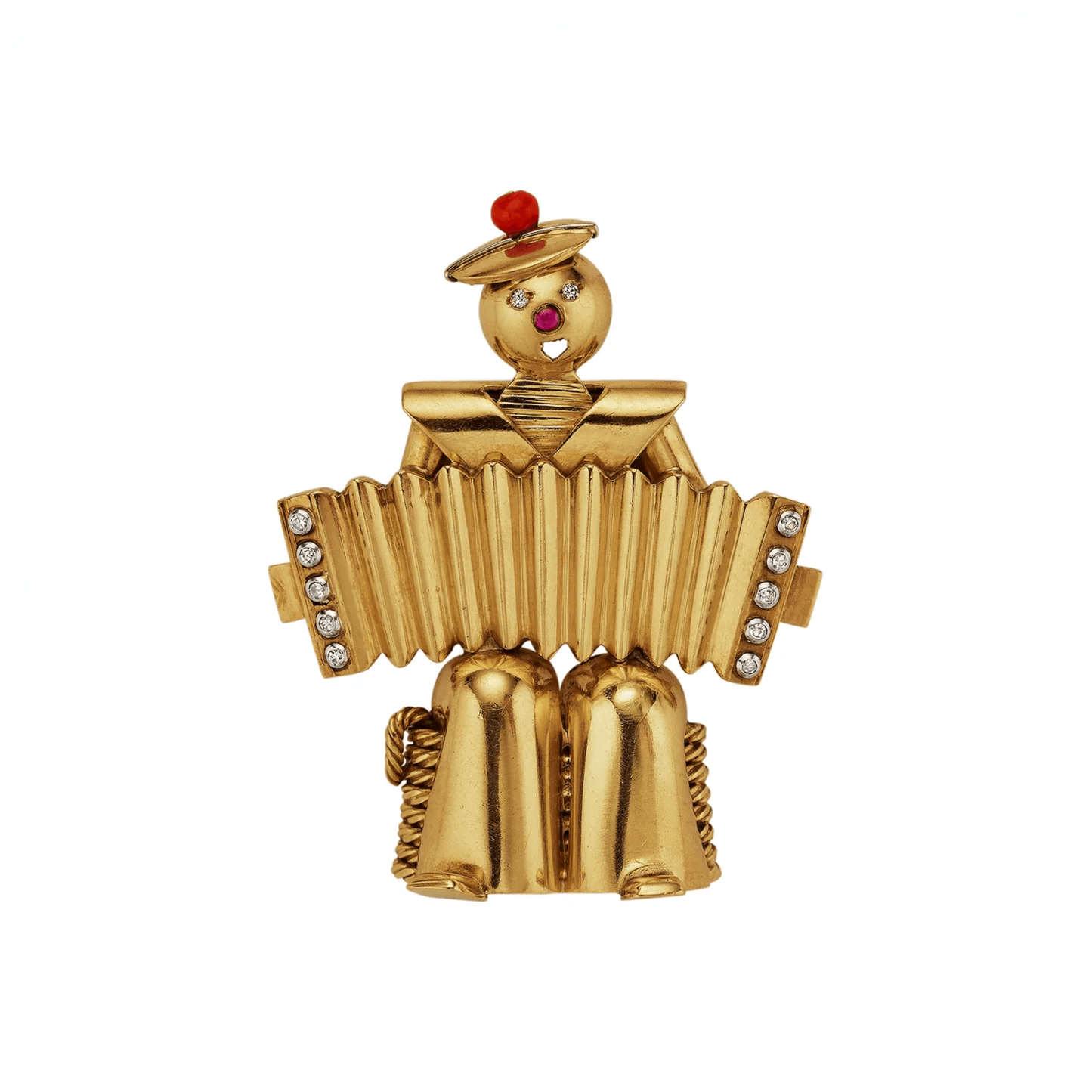Van Cleef & Arpels France 1930s 18KT Yellow Gold Ruby, Coral & Diamond Sailor with the Accordion Brooch front