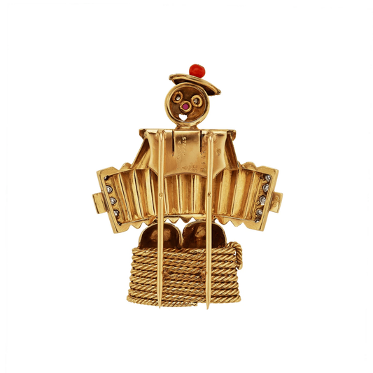 Van Cleef & Arpels France 1930s 18KT Yellow Gold Ruby, Coral & Diamond Sailor with the Accordion Brooch back