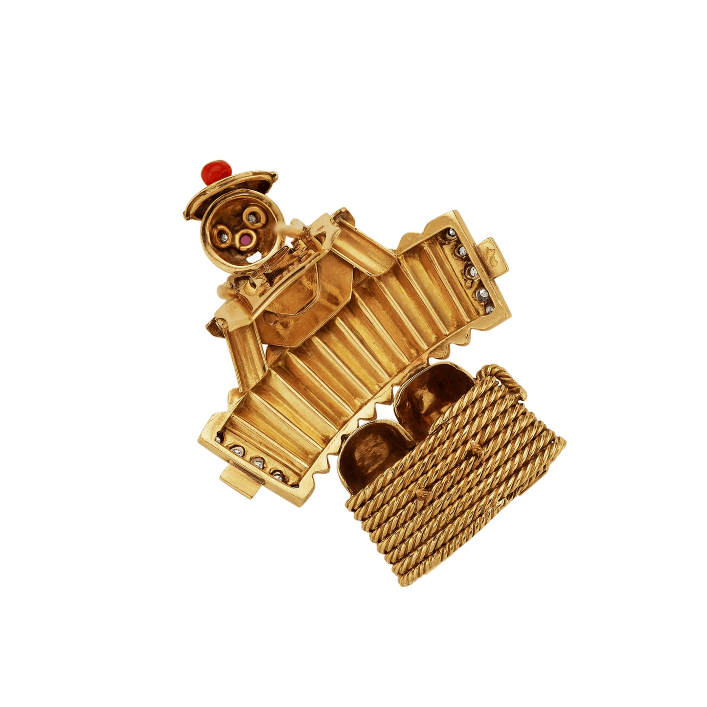 Van Cleef & Arpels France 1930s 18KT Yellow Gold Ruby, Coral & Diamond Sailor with the Accordion Brooch back