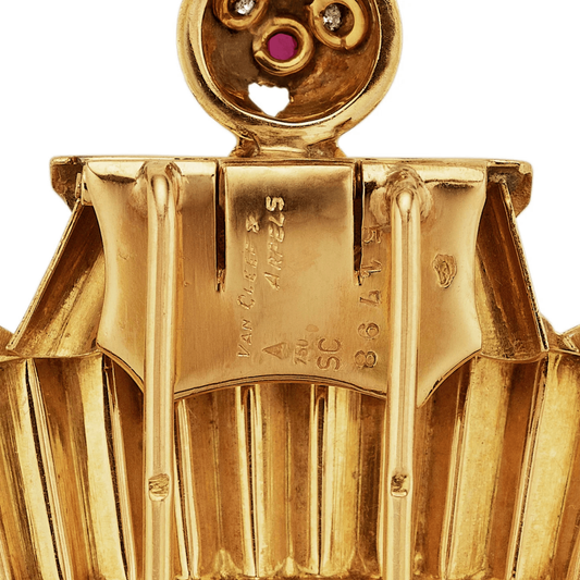 Van Cleef & Arpels France 1930s 18KT Yellow Gold Ruby, Coral & Diamond Sailor with the Accordion Brooch signature