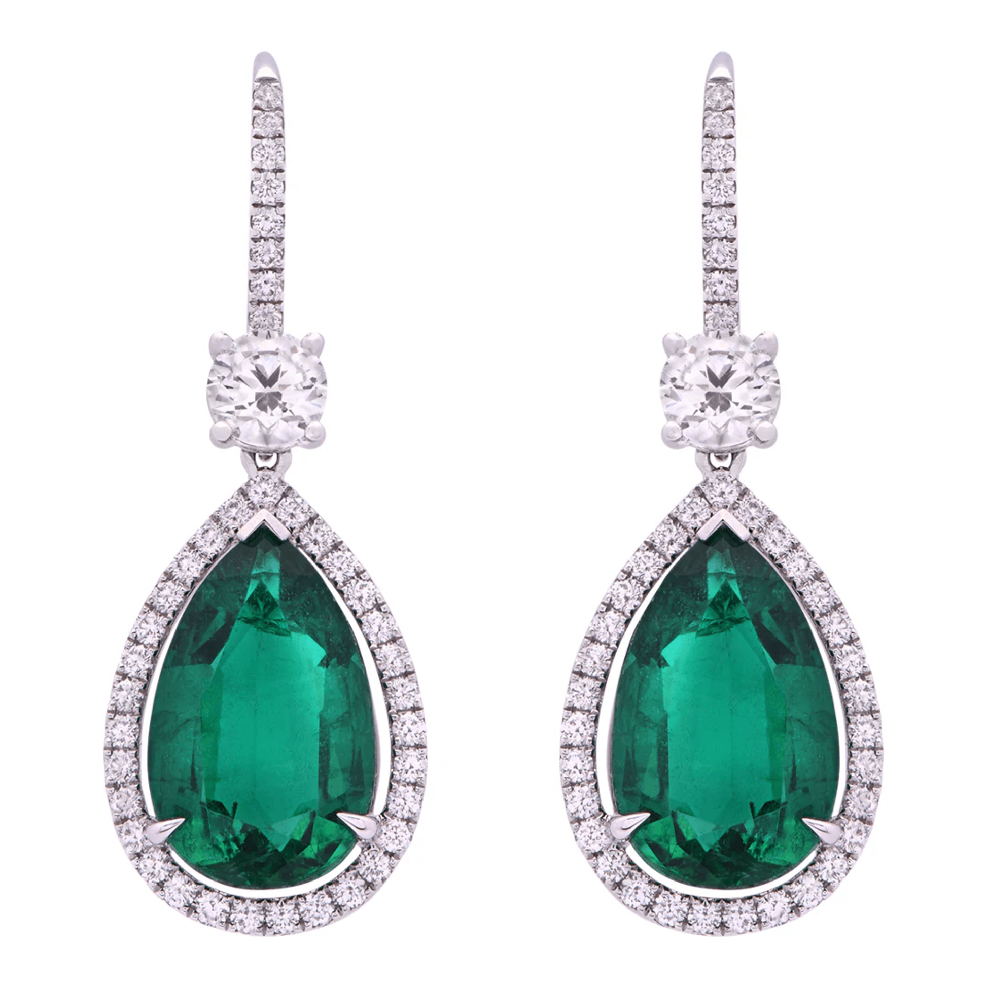 Contemporary 18KT White Gold Emerald & Diamond Earrings front