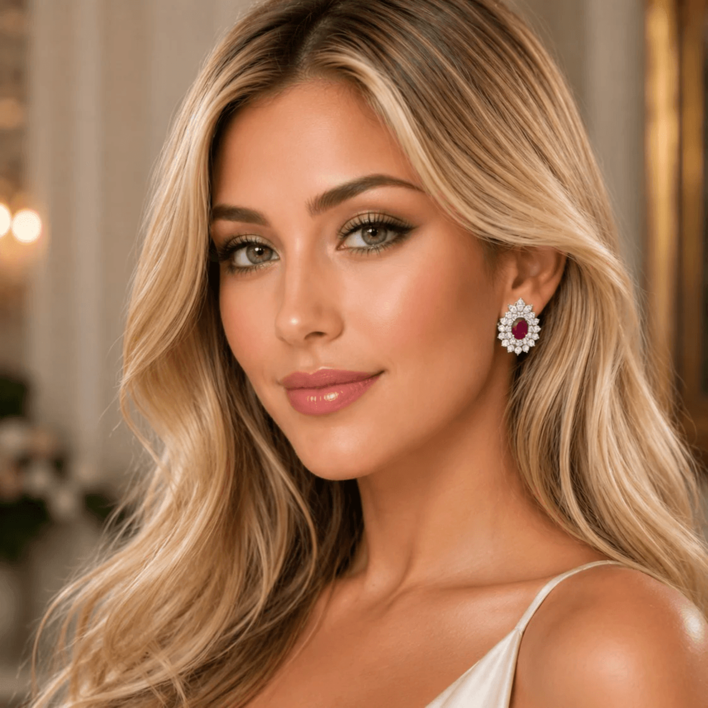 Contemporary 18KT White Gold Ruby & Diamond Earrings on ear