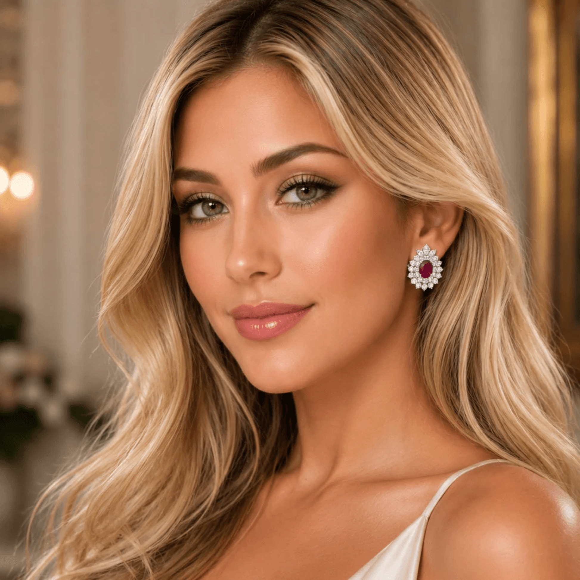 Contemporary 18KT White Gold Ruby & Diamond Earrings on ear