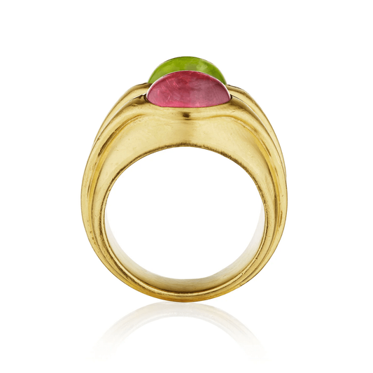 Bulgari 1980s 18KT Yellow Gold Peridot & Tourmaline Doppio Ring profile