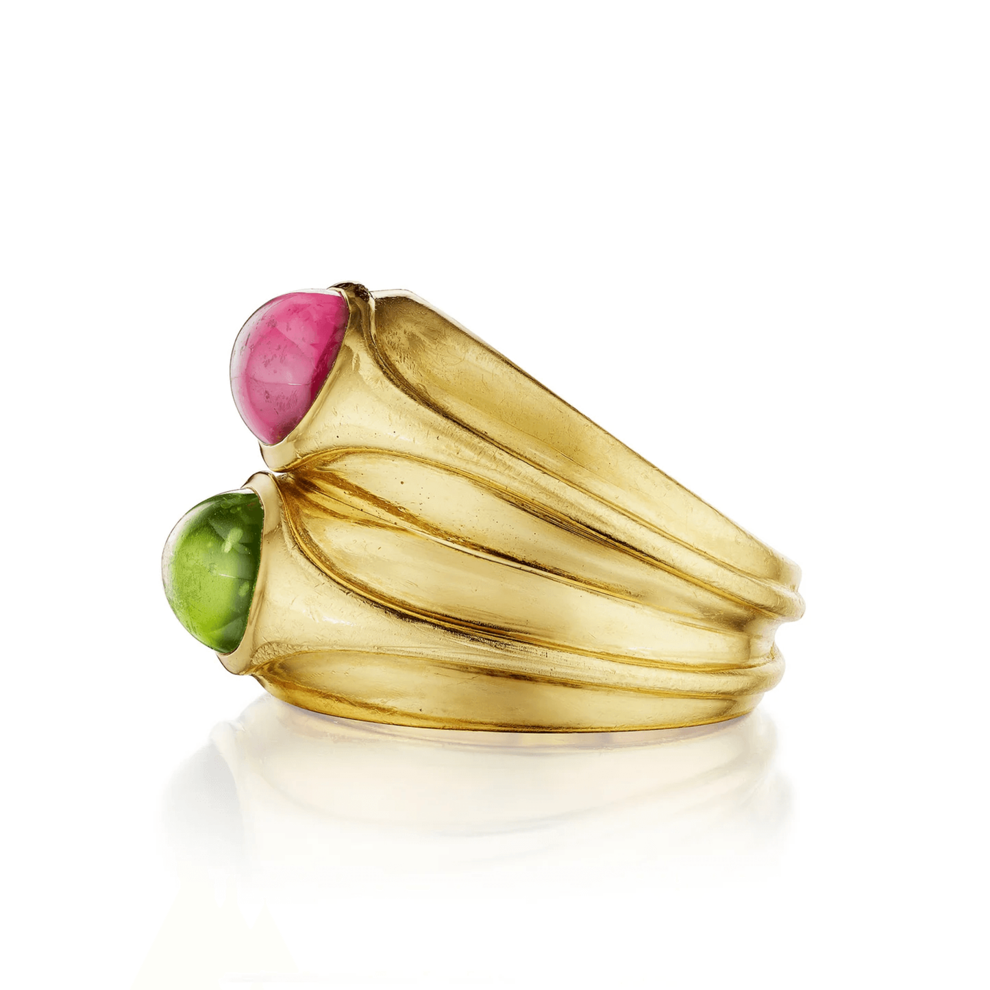 Bulgari 1980s 18KT Yellow Gold Peridot & Tourmaline Doppio Ring side