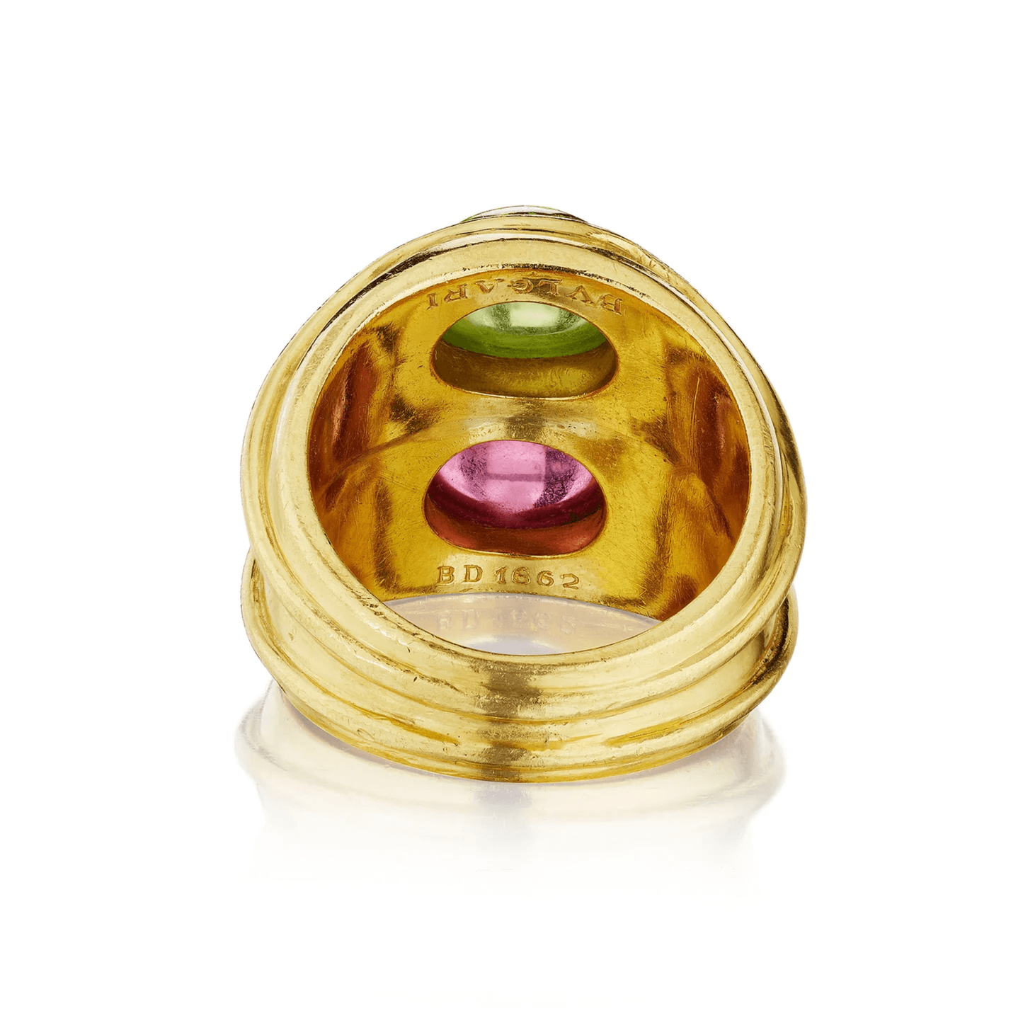 Bulgari 1980s 18KT Yellow Gold Peridot & Tourmaline Doppio Ring back