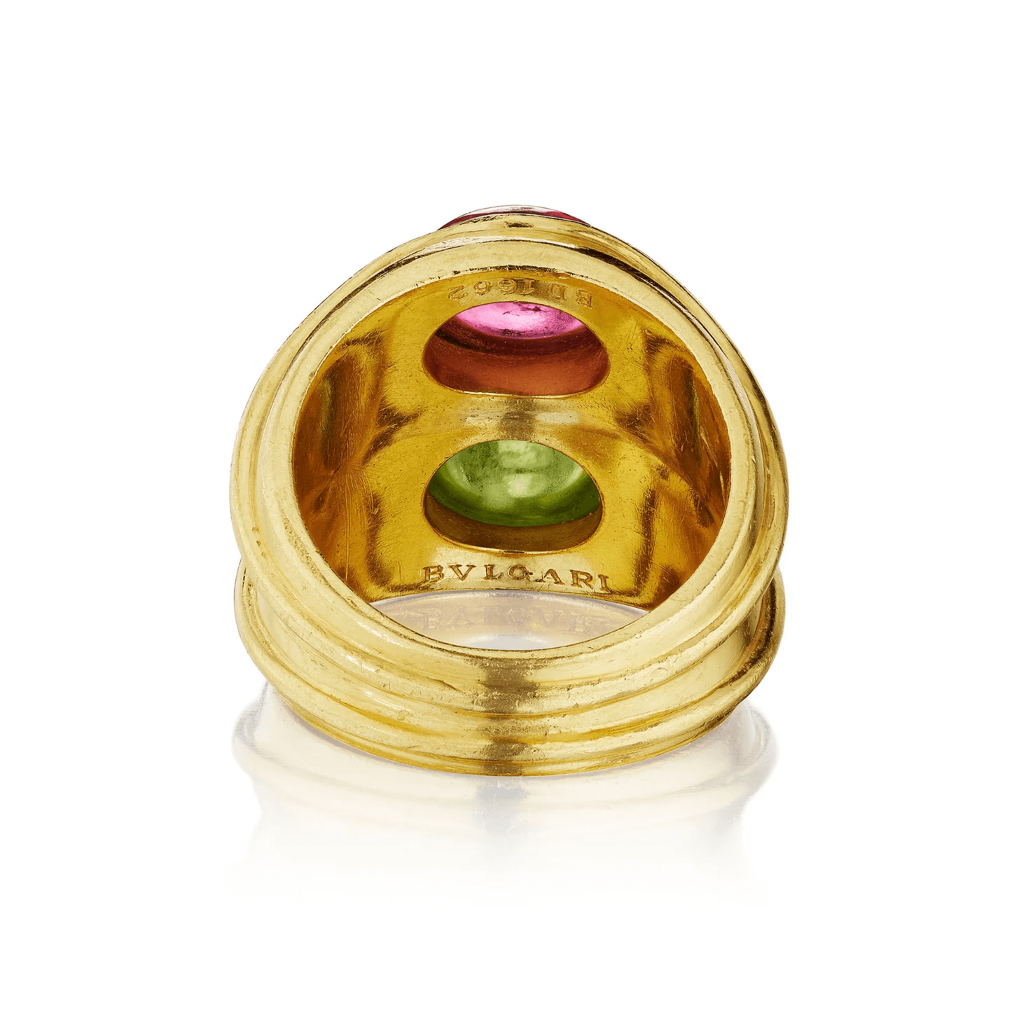 Bulgari 1980s 18KT Yellow Gold Peridot & Tourmaline Doppio Ring back