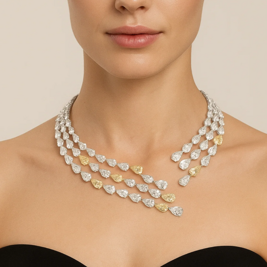 Contemporary 18KT White & Yellow Gold Diamond Necklace on neck