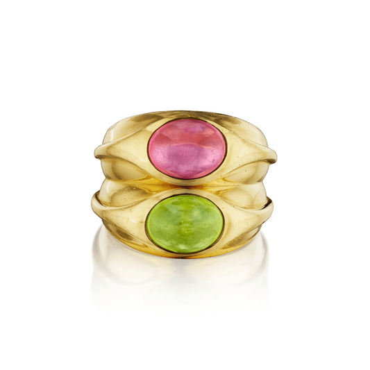 Bulgari 1980s 18KT Yellow Gold Peridot & Tourmaline Doppio Ring front