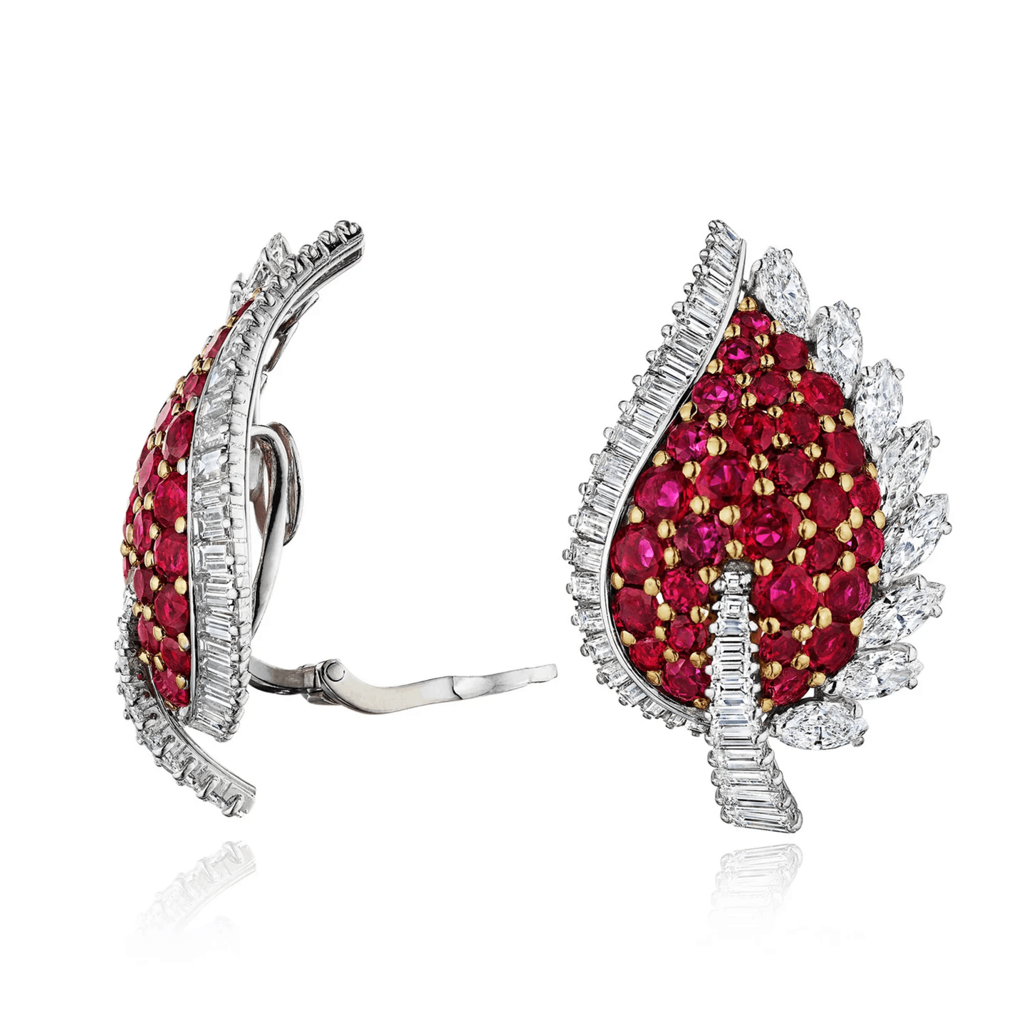 Raymonde Sarrazy France 1960s Platinum & 18KT Yellow Gold Ruby & Diamond Earrings side and front