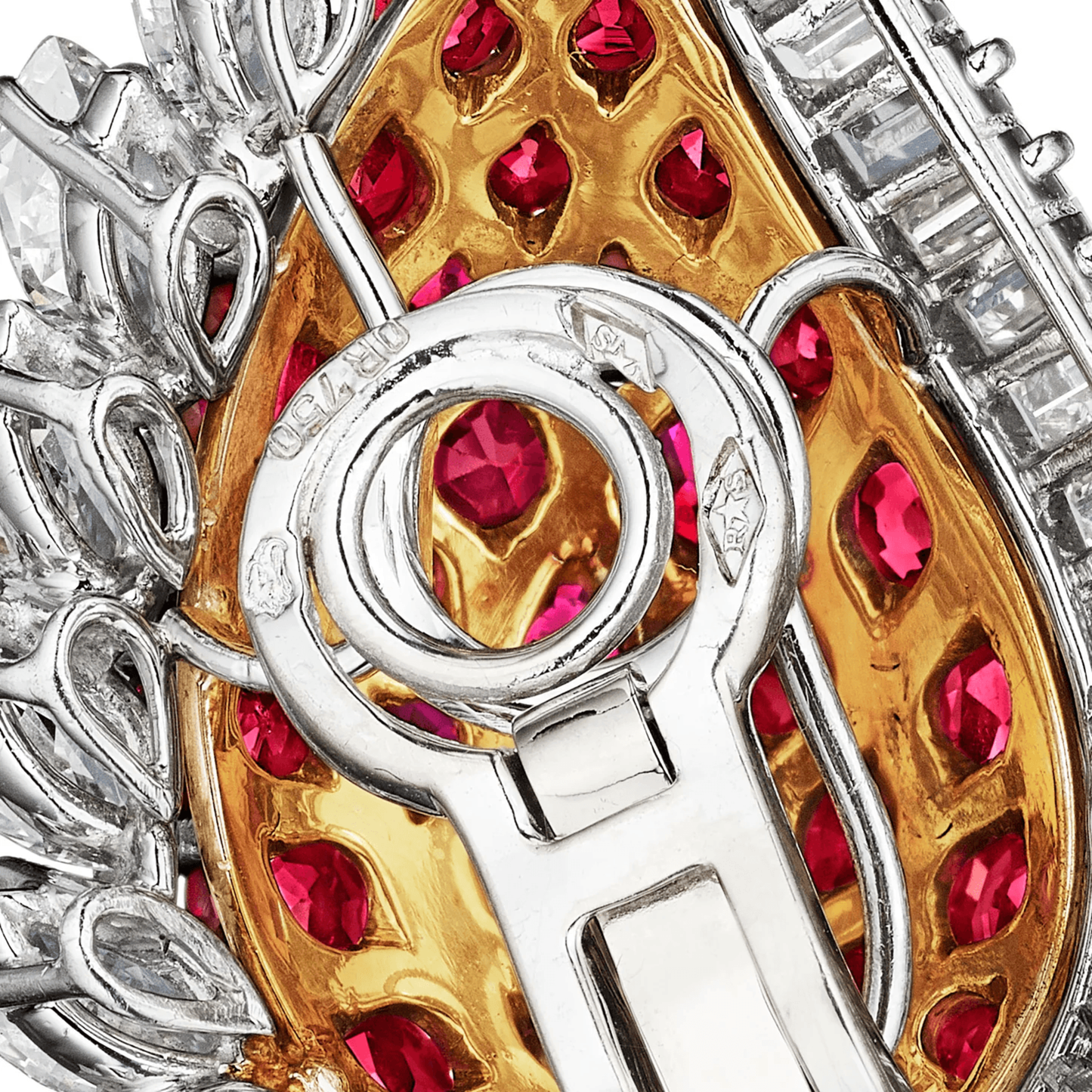 Raymonde Sarrazy France 1960s Platinum & 18KT Yellow Gold Ruby & Diamond Earrings stamps