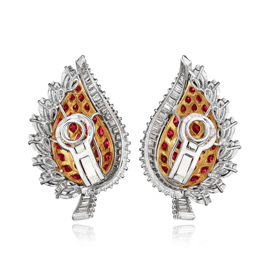 Raymonde Sarrazy France 1960s Platinum & 18KT Yellow Gold Ruby & Diamond Earrings back