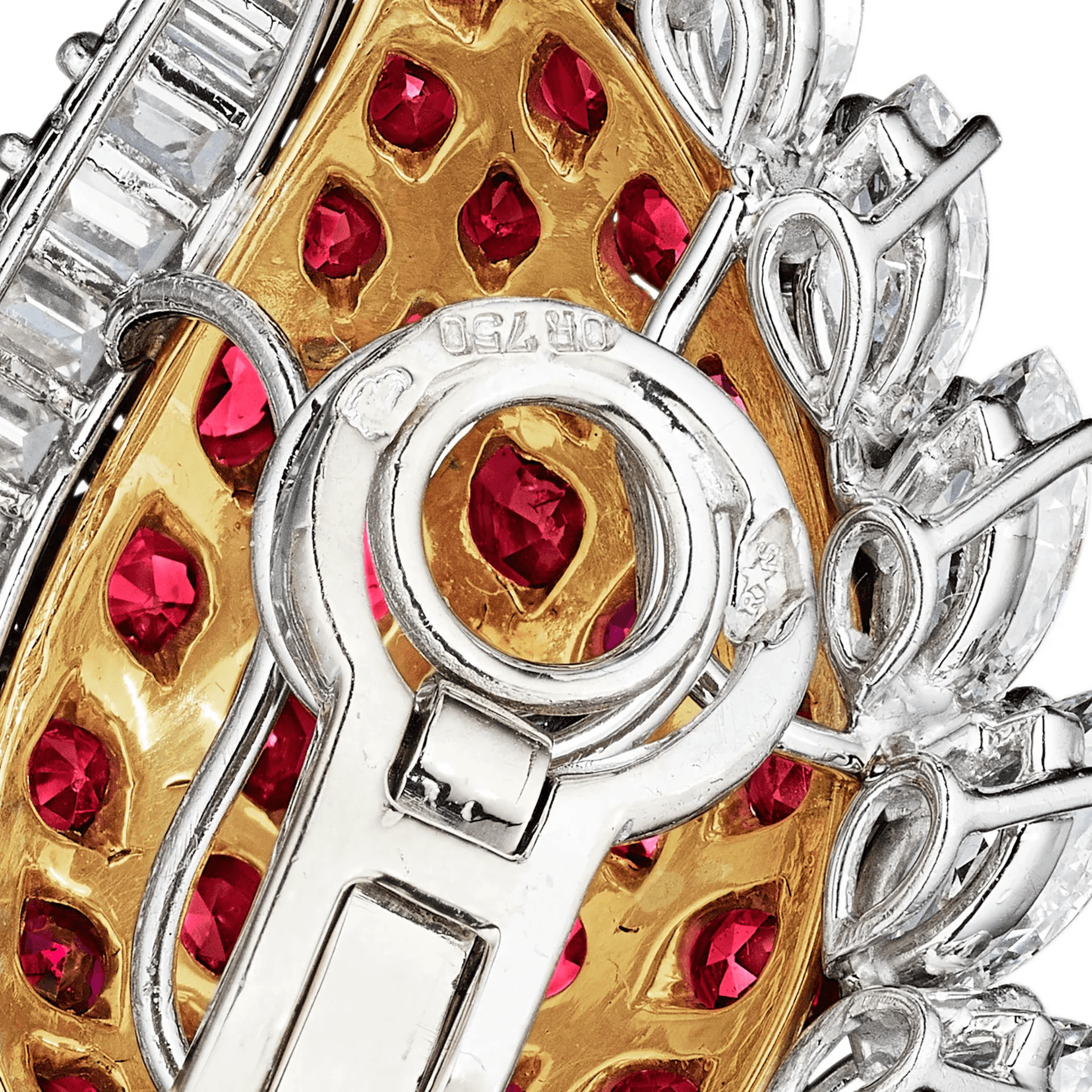 Raymonde Sarrazy France 1960s Platinum & 18KT Yellow Gold Ruby & Diamond Earrings stamps