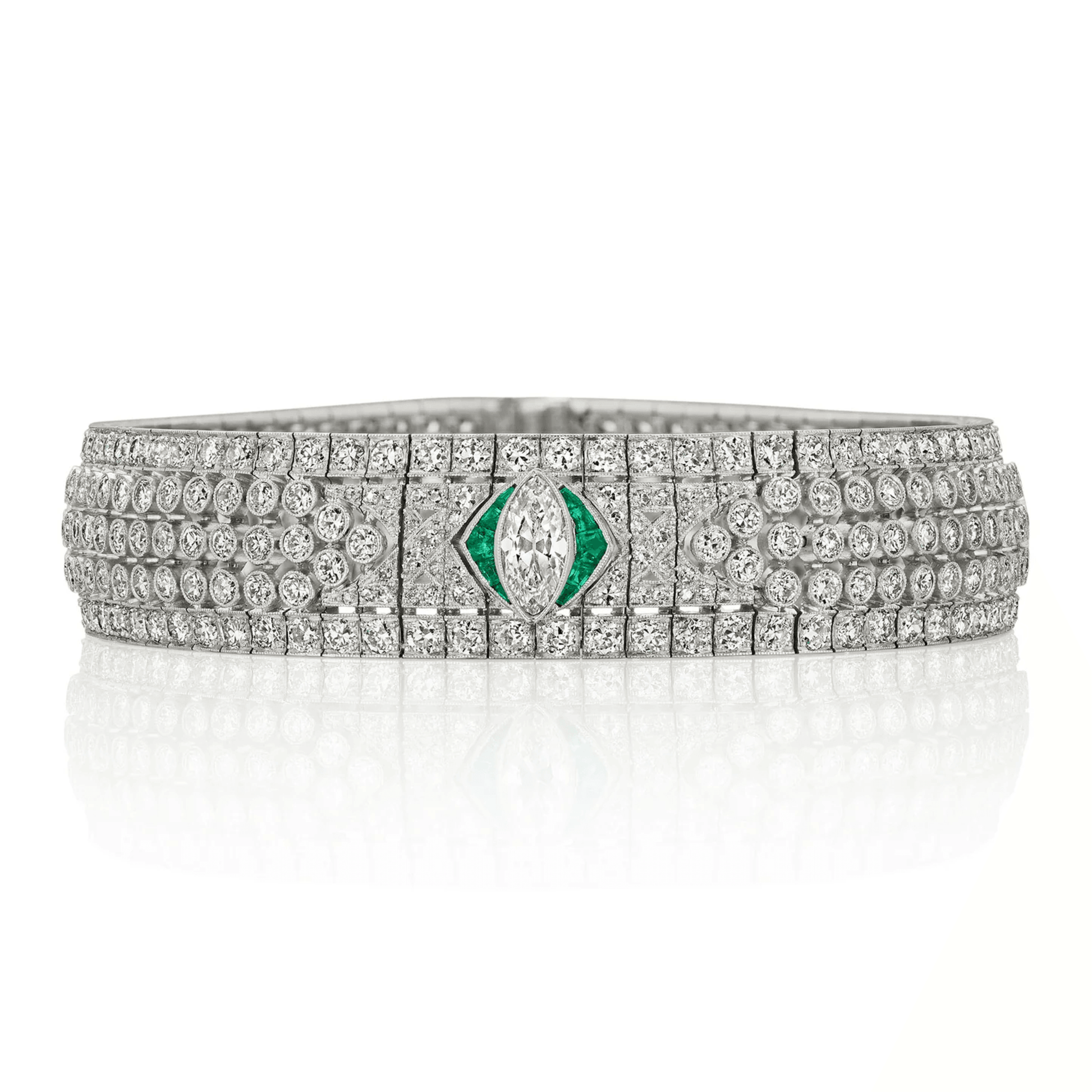 Art Deco Platinum & 18KT Yellow Gold Diamond & Emerald Bracelet front