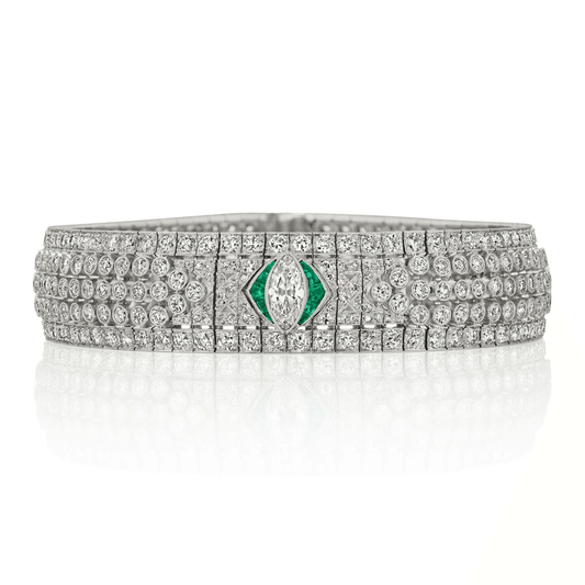 Art Deco Platinum & 18KT Yellow Gold Diamond & Emerald Bracelet front