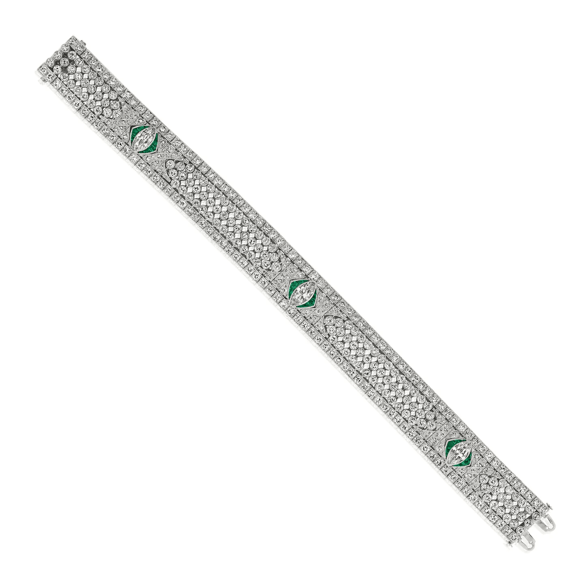 Art Deco Platinum & 18KT Yellow Gold Diamond & Emerald Bracelet front